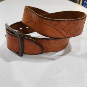 Vintage Celestial Brown Leather Belt Brass Buckel Star Sun Clouds